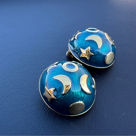KJL by Kenneth Jay Lane Blue and Gold Moon, Star & Sun Clip Dome Earrings - Picture 2 of 4